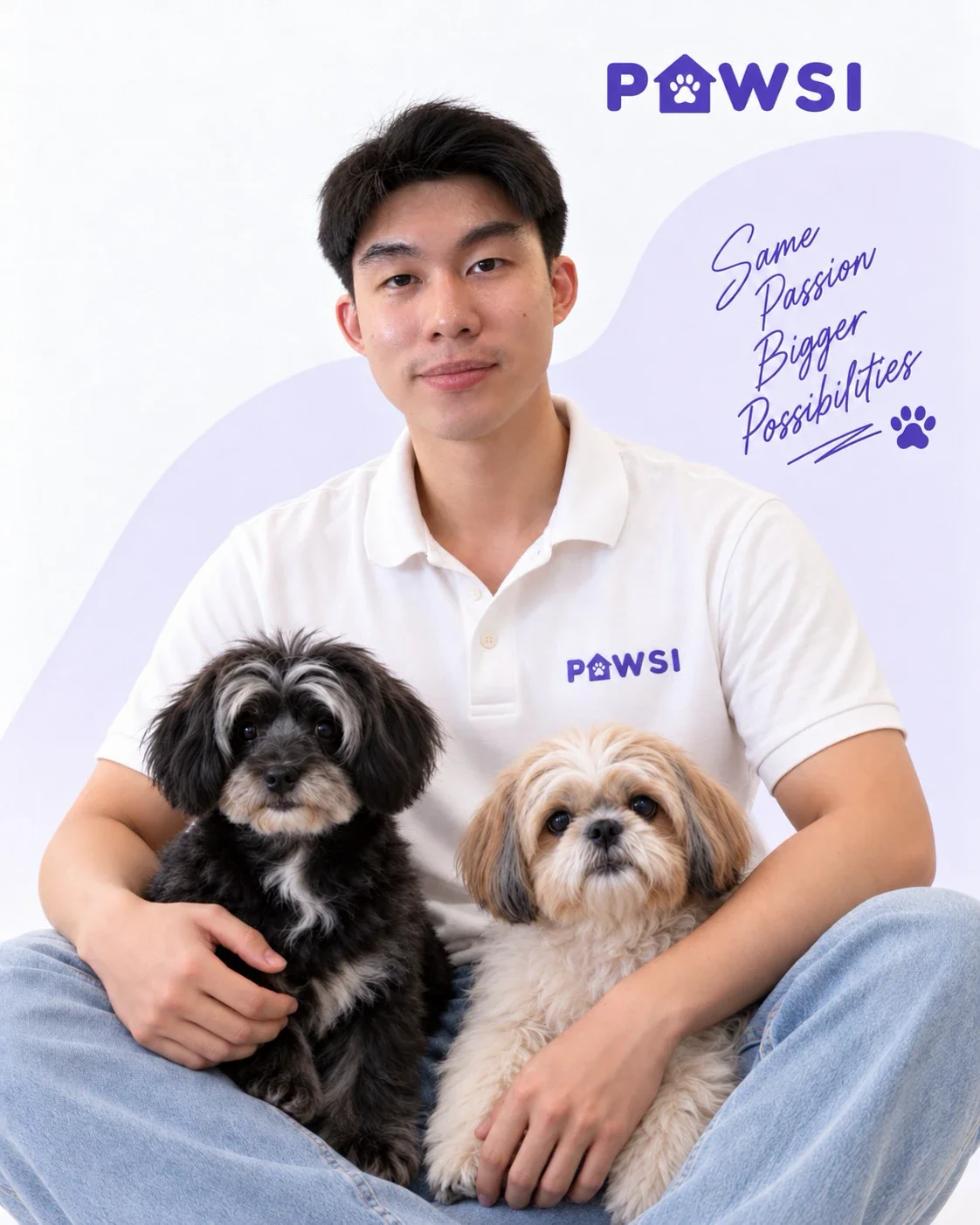 Owen, co-founder PAWSI, duduk bersama dua ekor anjing