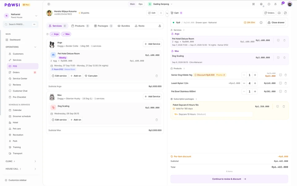 Argo boards at the hotel, Max receives a service, and the customer adds three products and one package to the same transaction.