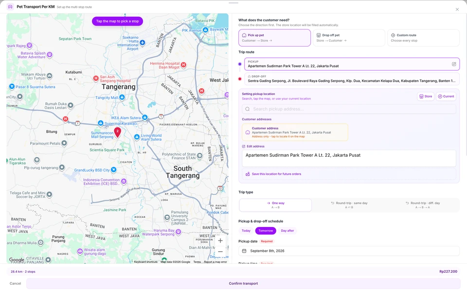 Set pickup and drop-off locations, trip type, and transport schedule in one view.