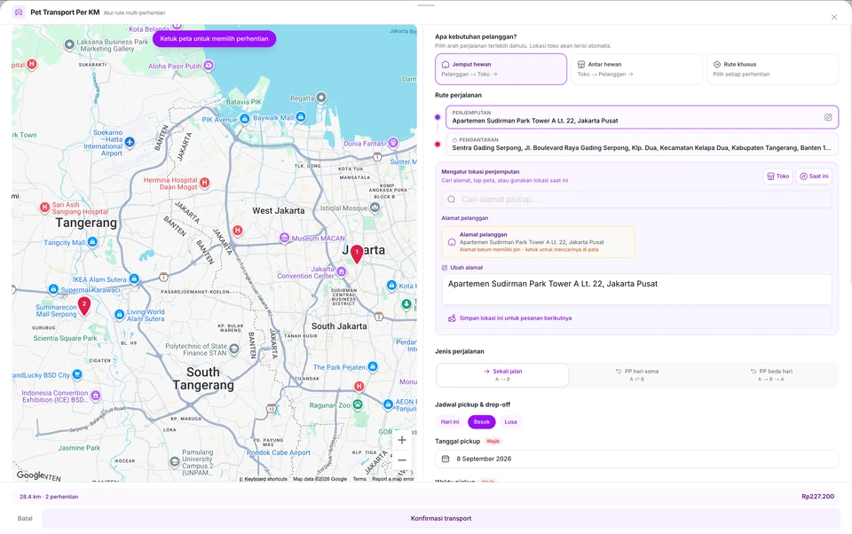 Tentukan titik jemput dan antar, jenis perjalanan, serta jadwal transport dalam satu tampilan.